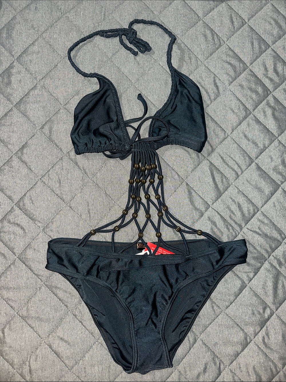 ASOS Black One-Piece Swimsuit with Macramé Bead Front